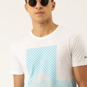 Peter England Casuals Men Blue & White Colourblocked Pure Cotton T-shirt