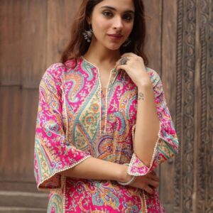 PRISCA Paisley Printed Notch Neck Panelled A-Line Kurta
