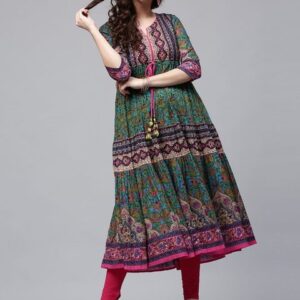 Rain & Rainbow Women Green & Pink Printed Anarkali Kurta