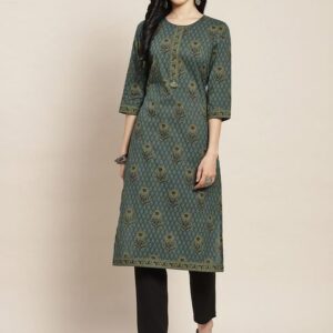 Rain & Rainbow Women Teal & Olive Green Floral Printed Kurta