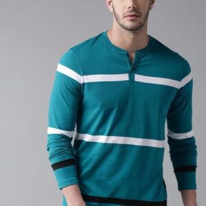 Roadster Men Blue White Striped Henley Collar Pure Cotton T-shirt