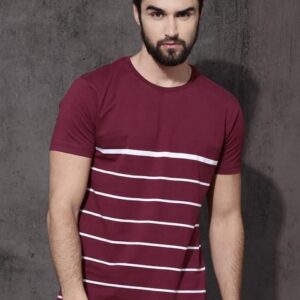 Roadster Men Maroon White Striped Round Neck Pure Cotton T-shirt