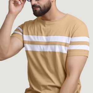 Rodzen Men Cream-Coloured & White Striped Pure Cotton T-shirt