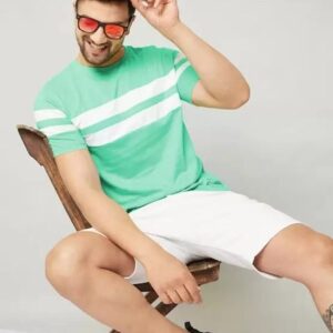 Rodzen Men Green Striped Round Neck Cotton T-shirt