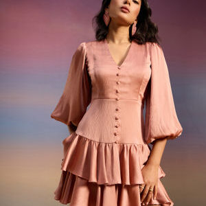 RSVP by Nykaa Fashion Puce Pink Solid V Neck Balloon Sleeves Ruffled Short Satin Dress