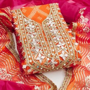 SAINOOR Bandhani Printed Gotta-Patti Organza Semi-Stitched Dress Material