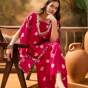 Sangria Bandhej Printed Kaftan & Tube Top With Sharara