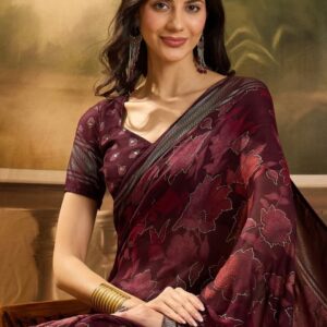 Sangria Floral Printed & Embellished Saree With Blouse Piece