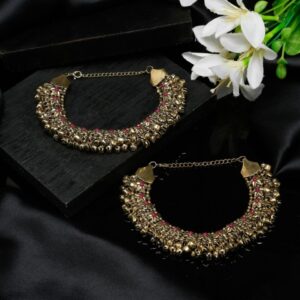 Sangria Set Of 2 German Silver Gold-Plated Oxidised Tribal Anklets