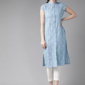 See Designs Women Blue & White Khari Print Straight Kurta