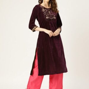 Shae by SASSAFRAS Women Purple Yoke Design Velvet Finish Straight Kurta