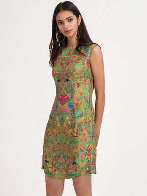 SHAYE Beautiful Peacock and Floral Printed Round Neck Sleeveless Above Knee Partywear Dress