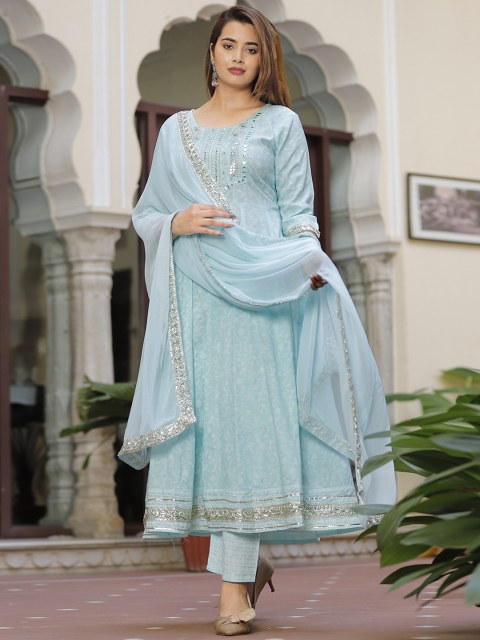 SINGNI Ethnic Motifs Printed Mirror Work Anarkali Kurta with Trousers & Dupatta