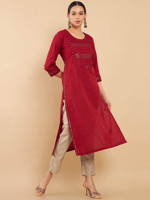 Soch Women Maroon Embroidered Mirror Work Kurta