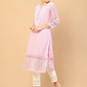 Soch Women Pink Geometric Checked Flared Sleeves Gotta Patti Georgette Kurta