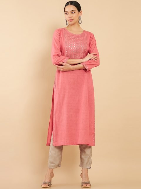 Soch Women Pink Yoke Design Thread Work Kurta