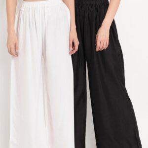 TAG 7 Women Pack Of 2 White & Black Solid Flared Palazzos