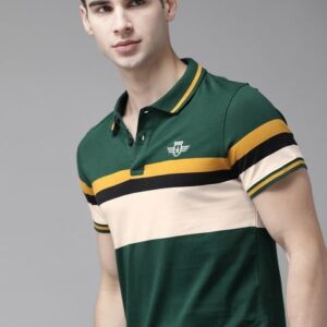 The Roadster Lifestyle Co Men Green & Cream-Coloured Striped Polo Collar T-shirt