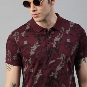 The Roadster Lifestyle Co Men Maroon and Grey Printed Polo Collar Pure Cotton T-shirt