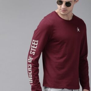 The Roadster Lifestyle Co Men Maroon Solid Round Neck Pure Cotton T-shirt