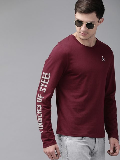The Roadster Lifestyle Co Men Maroon Solid Round Neck Pure Cotton T-shirt