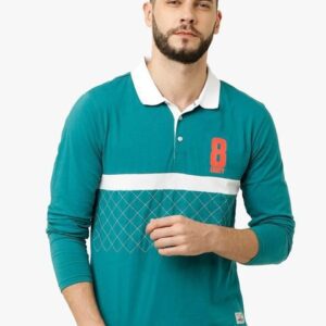 Voi Jeans Men Green & White Striped Polo Collar T-shirt