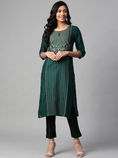 W Women Green & Off-White Striped Straight Kurta