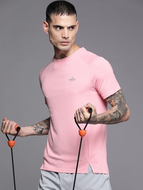 WROGN ACTIVE Men Pink Self Design Raglan Sleeves Dry Pro Slim Fit Outdoor Sports T-shirt