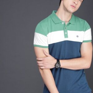 WROGN Men Blue Green Colourblocked Polo Pure Cotton T-shirt