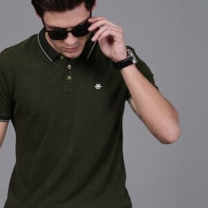 WROGN Men Olive Green Slim Fit Polo Collar Cotton Pure Cotton T-shirt