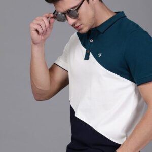 WROGN Men Teal Blue White Slim Fit Colourblocked Polo Collar Pure Cotton T-shirt
