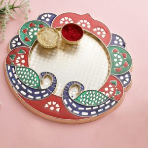 Aapno Rajasthan Red & Green Peacock Shape Pooja Thali