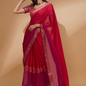 all about you Pink Floral Woven Design Zari Detailed Pure Chiffon Saree