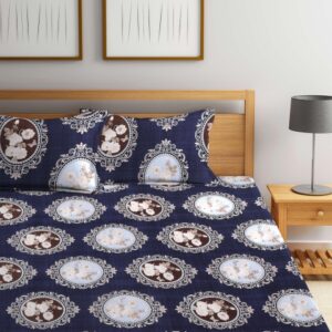 Arrabi Blue & White Ethnic Motifs 300 TC King Bedsheet with 2 Pillow Covers
