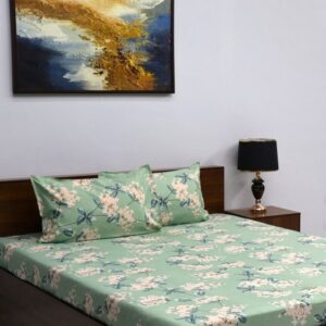 BOMBAY DYEING Vista Sea Green & Yellow Floral 144 TC Queen Bedsheet With 2 Pillow Covers