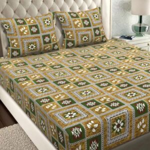 bsb home Green & White 144 TC Queen Bedsheet with 2 Pillow Covers