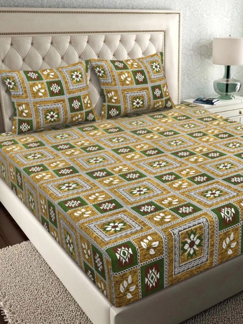 bsb home Green & White 144 TC Queen Bedsheet with 2 Pillow Covers