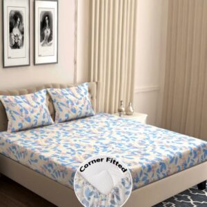 bsb home Grey & Blue Floral 210 TC Queen Bedsheet with 2 Pillow Covers