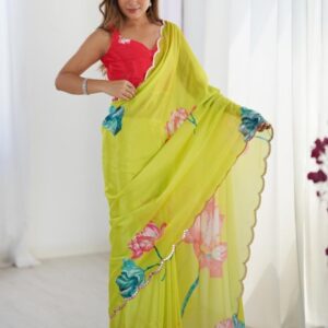 CaniBani Lime Green Silk Blend Sarees