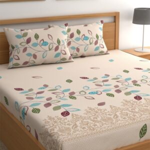 CG HOMES Beige & Blue Floral Printed 180 TC Queen Bedsheet & 2 Pillow Covers