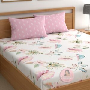 CHHAVI INDIA White & Pink Floral 210 TC King Bedsheet with 2 Pillow Covers