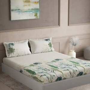 DDecor Green & Cream Floral Cotton 180 TC King Bedsheet with 2 Pillow Covers