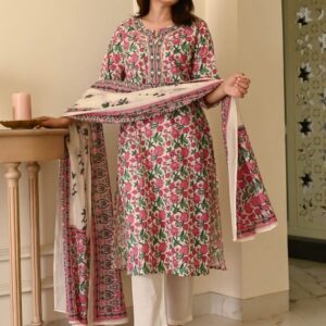 DIVASTRI Floral Printed Beads And Stones Straight Kurta With Trousers & Dupatta