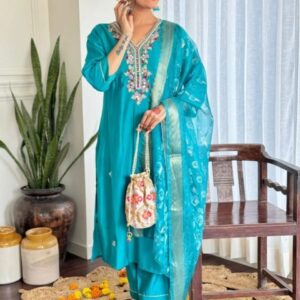 DIVASTRI Women Ethnic Motifs Embroidered V-Neck Pure Cotton Kurta with Trousers & Dupatta