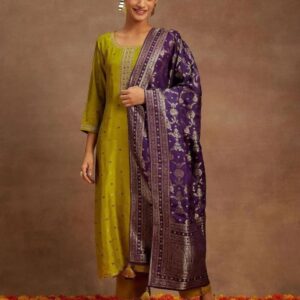 DIVASTRI Women Woven Design Embroidered A-Line Kurta with Trousers & Dupatta
