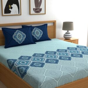 Dreamscape Blue Ethnic 144 TC Cotton 1 Queen Bedsheet with 2 Reversible Pillow Covers