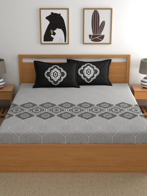 Dreamscape Grey & Black Ethnic Motifs 140 TC Fitted King Bedsheet with 2 Pillow Covers