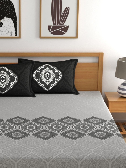 Dreamscape Grey & Black Ethnic Motifs 140 TC Fitted King Bedsheet with 2 Pillow Covers
