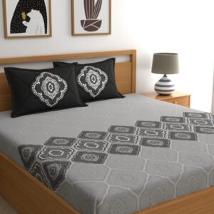 Dreamscape Grey & Black Ethnic Motifs 140 TC Fitted King Bedsheet with 2 Pillow Covers