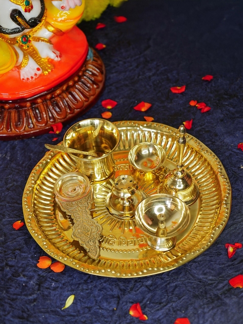 Ekhasa Gold Toned Textured 8 Pcs Brass Pooja Thali Set